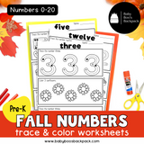 Pre-K Fall Numbers 0-20: Trace & Color Number Worksheets