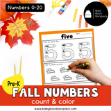 Pre-K Fall Numbers 0-20: Trace & Color Number Worksheets