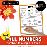 Pre-K Fall Numbers 0-20: Trace & Color Number Worksheets