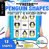 Hands hold a blue-bordered bingo card with cartoon penguins. Free Penguin Shape Posters  Bingo for preschool math included.