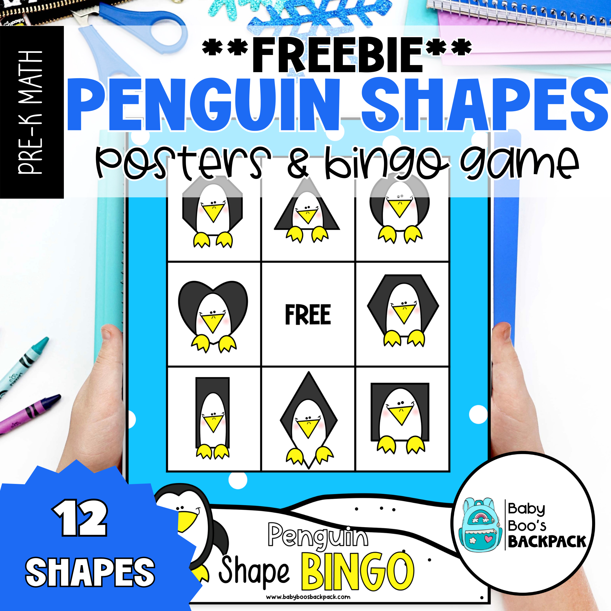 Hands hold a blue-bordered bingo card with cartoon penguins. Free Penguin Shape Posters  Bingo for preschool math included.