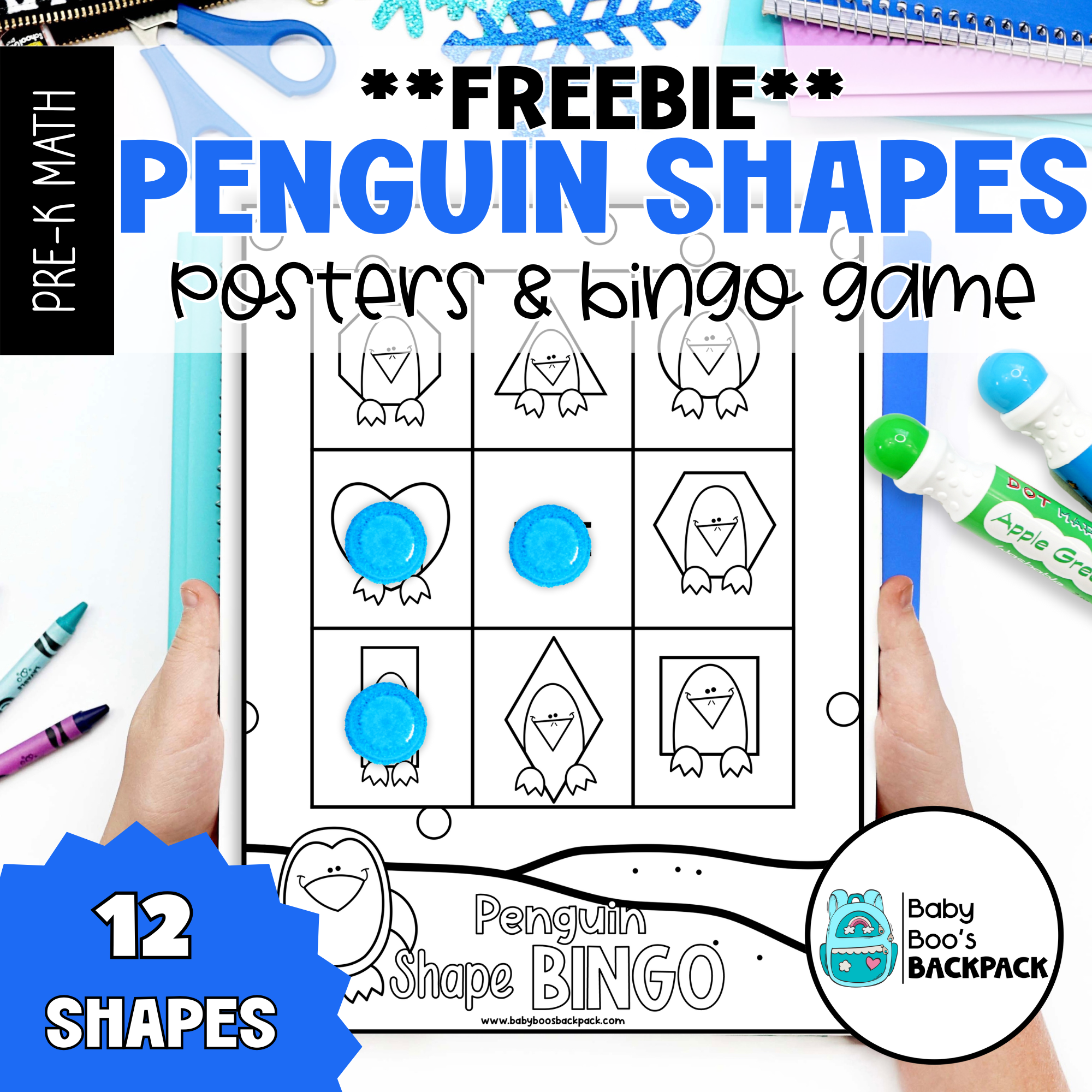 Hands hold a Penguin Shape Bingo card—part of Free Penguin Shape Posters and Bingo for shape recognition in preschool math.