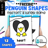 Hands hold up penguin shape posters; Free Penguin Shape Posters  Bingo | Preschool Math for shape recognition.