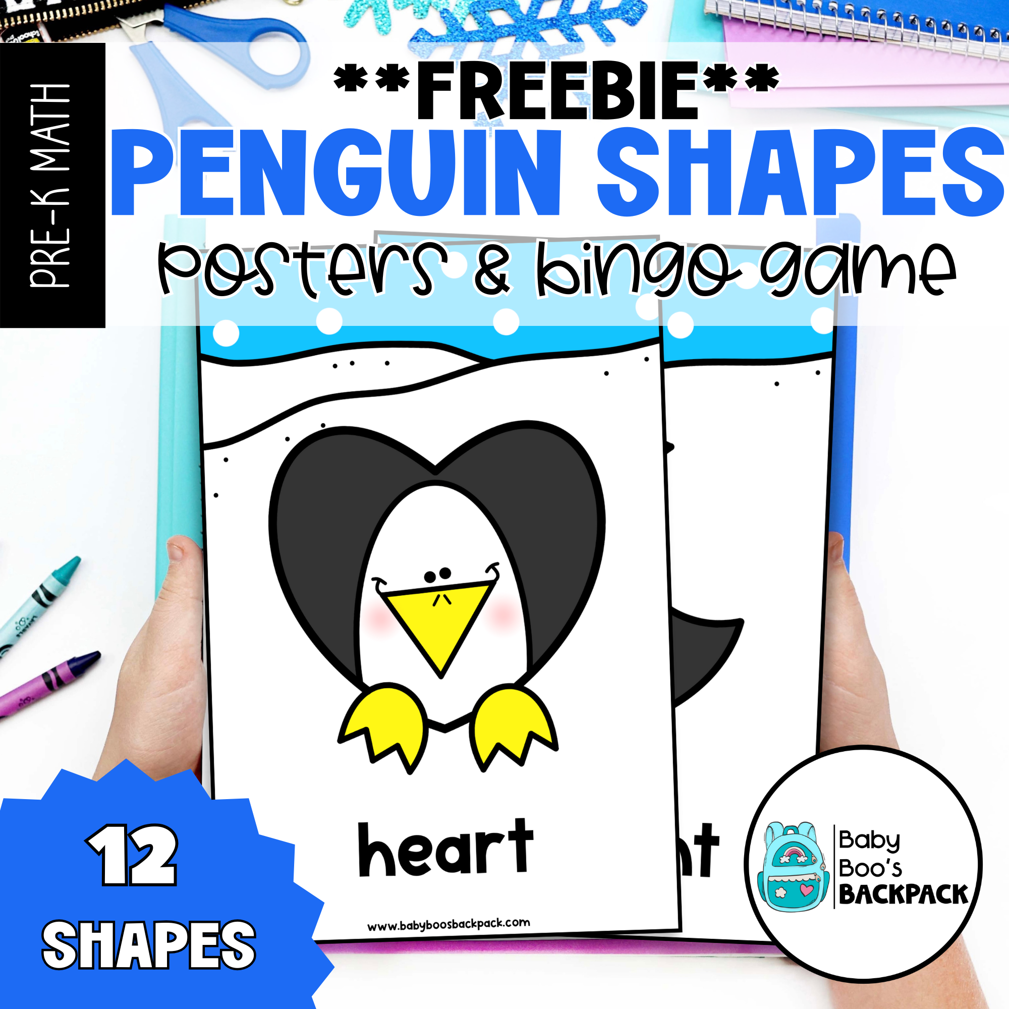 Hands hold up penguin shape posters; Free Penguin Shape Posters  Bingo | Preschool Math for shape recognition.