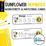 Sunflower Number Tracing Cards, Counting Mats & Coloring Worksheets
