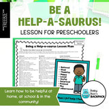 Be a Help-a-saurus Free preschool SEL worksheet: dinosaur, feelings card and tips on helpfulness.