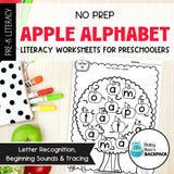 No Prep Apple Alphabet Literacy Worksheets | Lowercase Letters