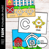 Free Farm Playdough Mats feature a chick, barn, and letter C—ideal for preschool fine motor practice with fun, cartoon designs.