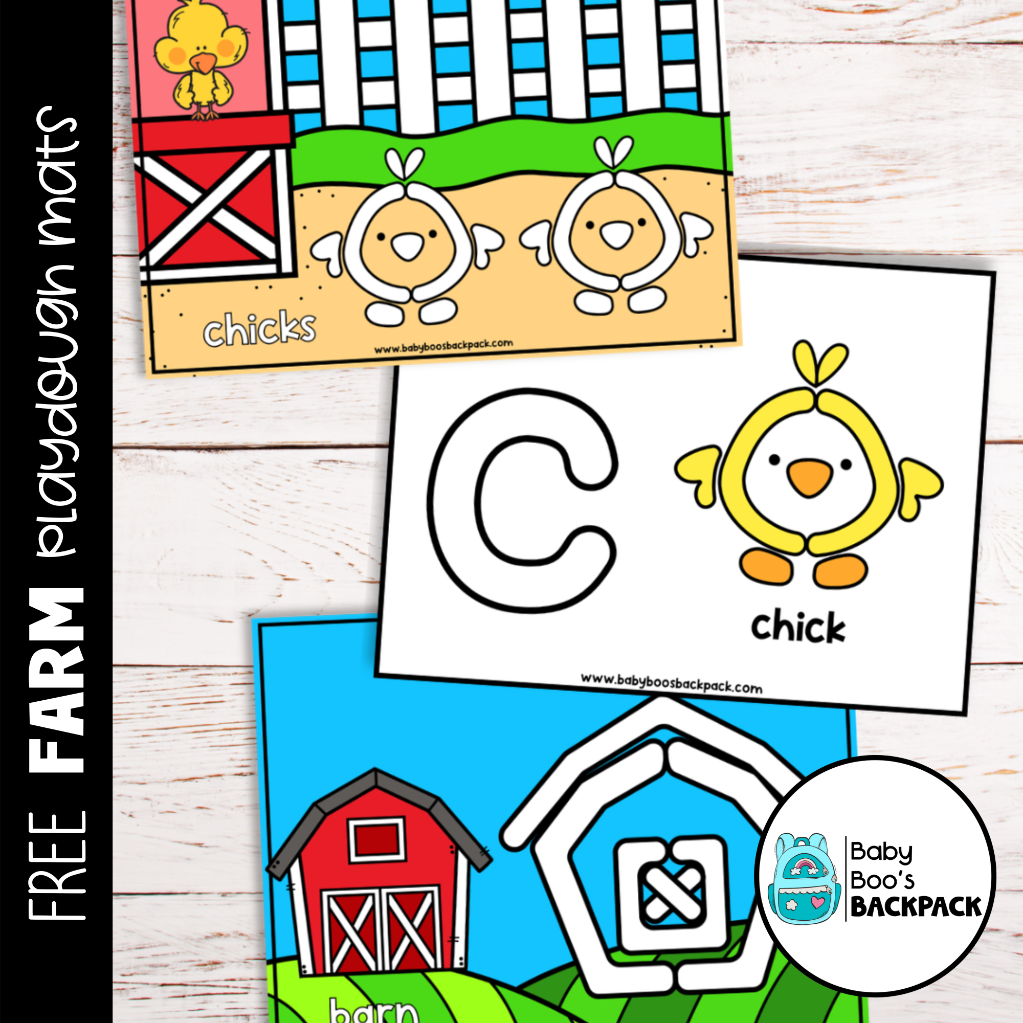Free Farm Playdough Mats feature a chick, barn, and letter C—ideal for preschool fine motor practice with fun, cartoon designs.
