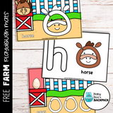 Free Farm Playdough Mats: Perfect for preschool fine motor skills with barns, horses, eggs  big letters on white wood backgrounds.