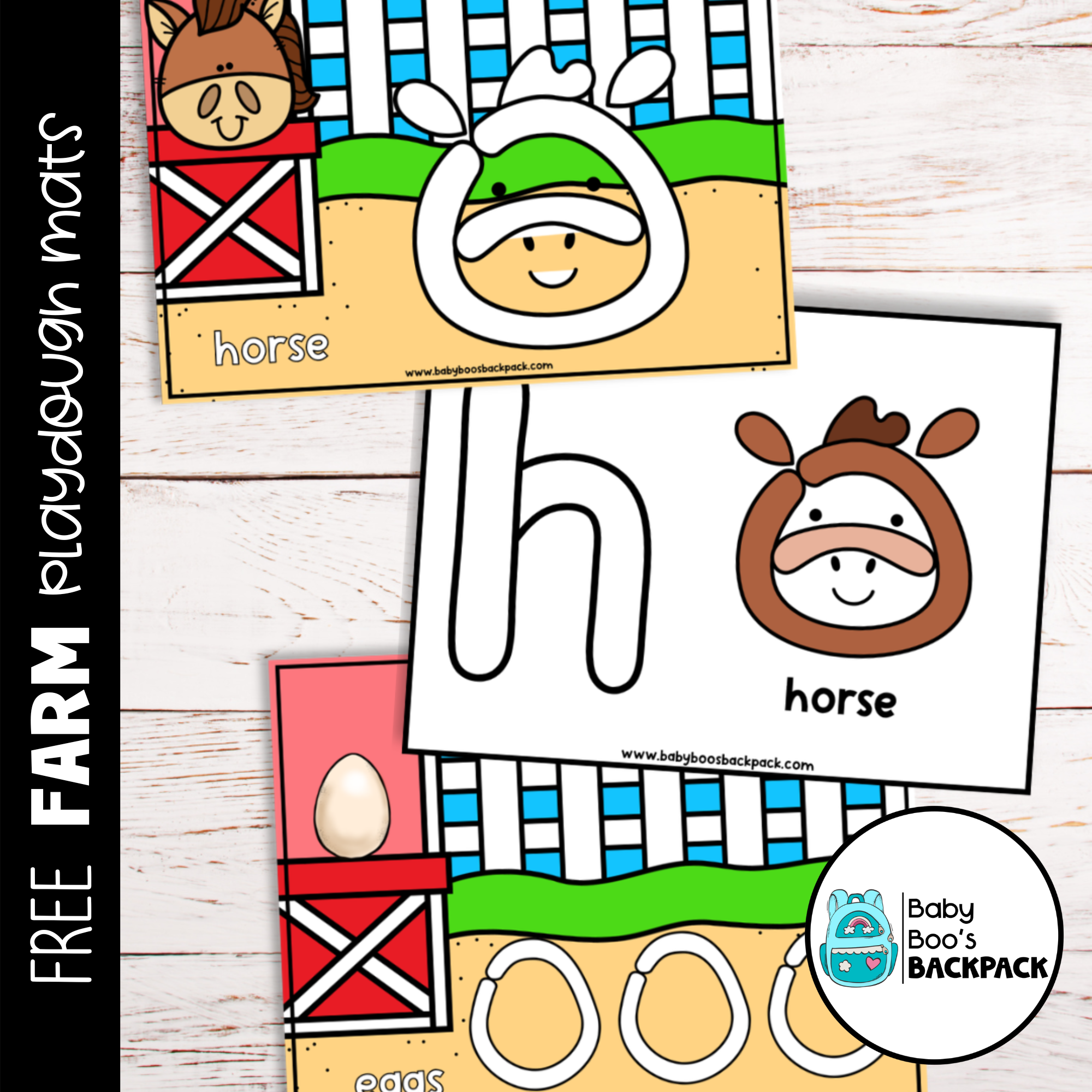 Free Farm Playdough Mats: Perfect for preschool fine motor skills with barns, horses, eggs  big letters on white wood backgrounds.