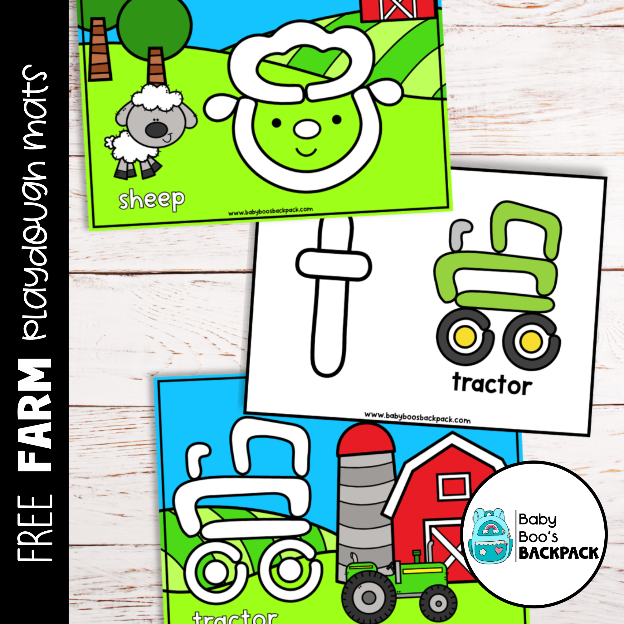 Free Farm Playdough Mats offer fine motor practice with a sheep, tractor outline, and a barn-and-silo scene for preschoolers.