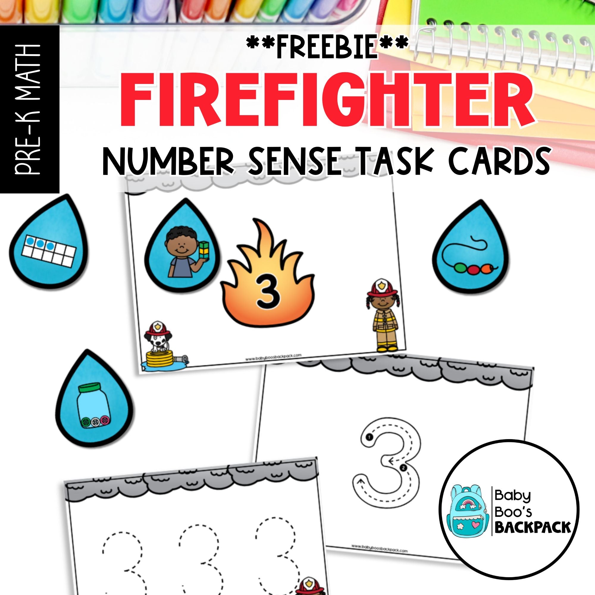 Practice counting with Free Firefighter Number Sense Task Cards—perfect for preschool math centers and number activities.